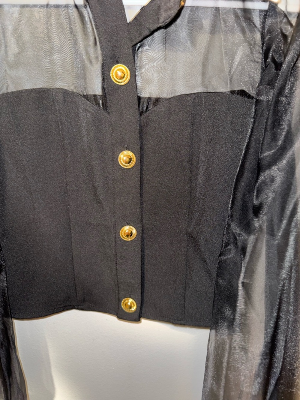 Lulu's Black Sheer-Sleeve Button Front Top with White Collar - XS - Picture 3 of 6